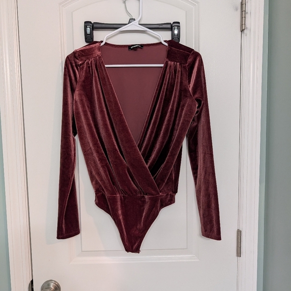 Express Tops - Express, XS, Velour Velvet Maroon Long Sleeve Deep V-Neck Bodysuit, Holiday